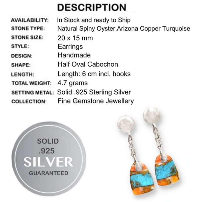 4.7 Grams Natural Spiny Oyster Arizona Turquoise Gemstone set in Solid .925 Sterling Silver Earrings