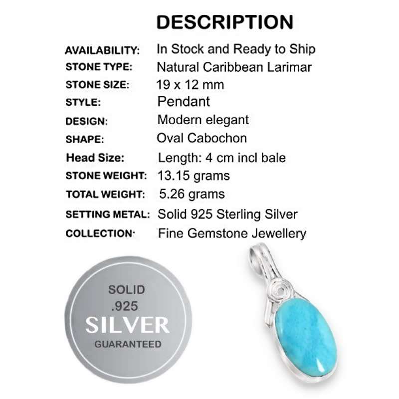 Natural Caribbean Larimar Oval Gemstone set in Solid .925 Sterling Silver Pendant