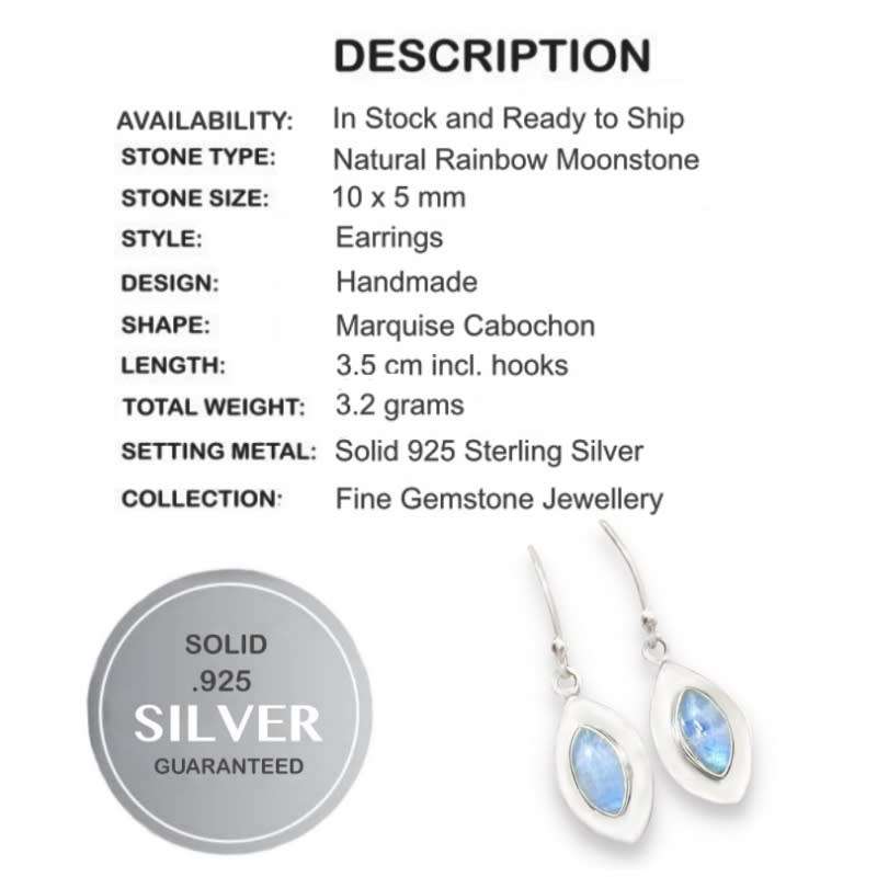 Natural Rainbow Moonstone Marquise Shape Gemstone set in Solid .925 Sterling Silver Dainty Earrings