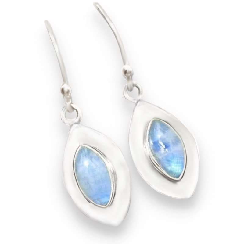 Natural Rainbow Moonstone Marquise Shape Gemstone set in Solid .925 Sterling Silver Dainty Earrings
