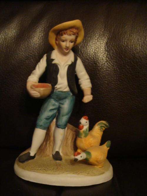 Young farmer boy feeding his chickens