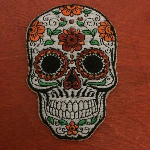 Biker Funky and modern Sugar Skull with orange badge patch