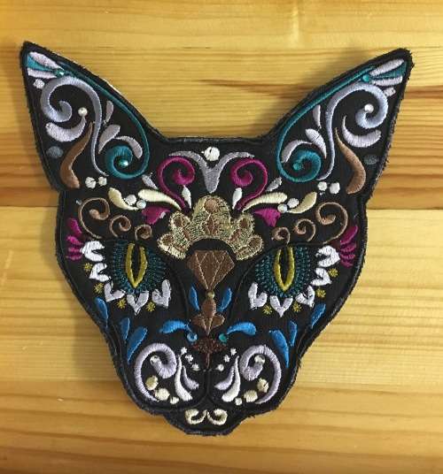 L13 Tribal cat badge in gold with rhinestone finish 16cm x 16cm
