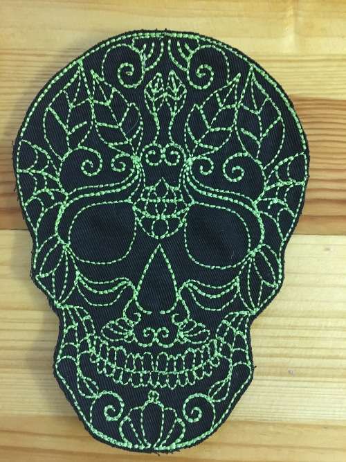 BDG277 Larger size Redwork Skull badge patch in fluor green