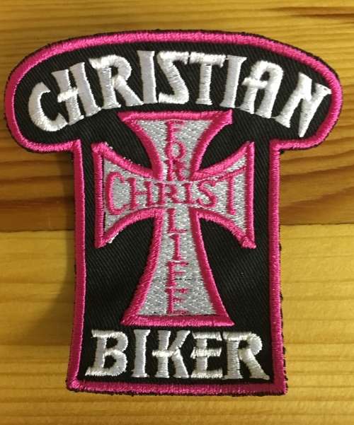 BDG385 Christian biker badge patch - pink