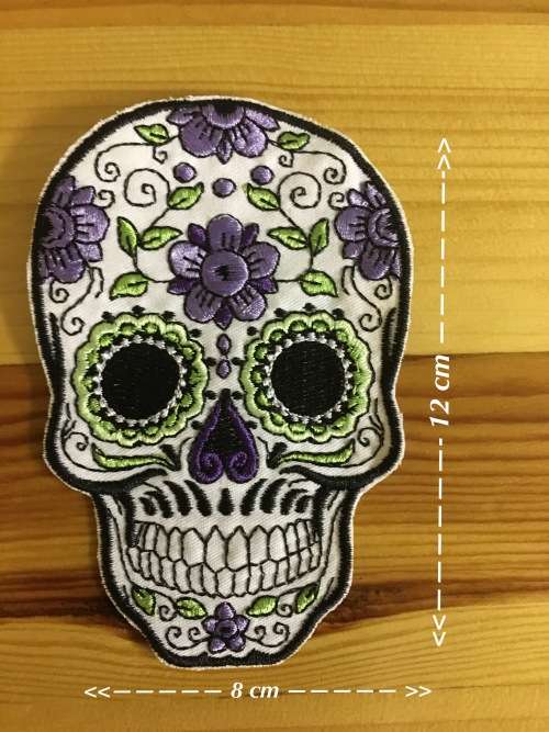 BDG315 Sugar skull badge patch in purple and green