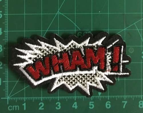 Comic WHAM badge patch - small red and white - 4cm x 7.5cm