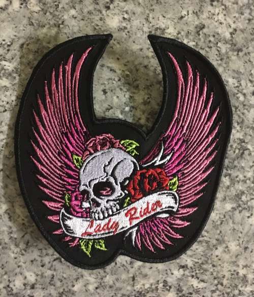 BDG1121  LARGE Skull with flowers and wings Lady Rider patch badge 15CM X 14CM