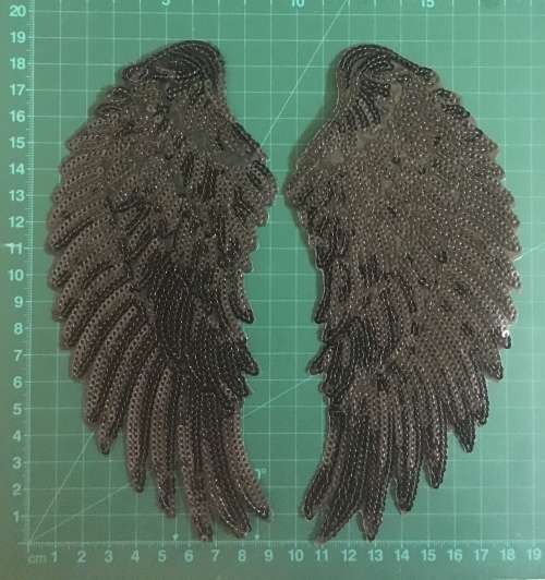 BDG Black Medium Iron on sequins wings patches - set of 2 wings Each wing 19cm x 8.8cm