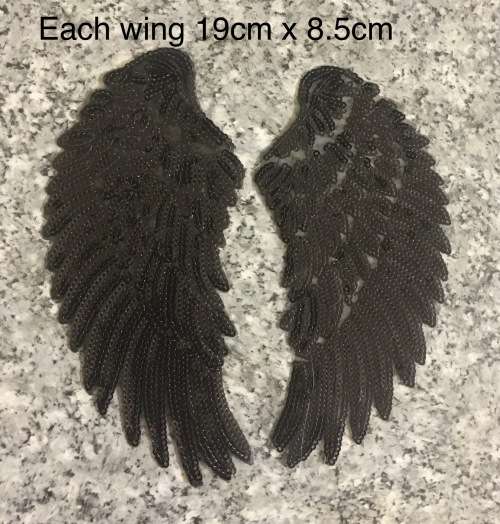 BDG Black Medium Iron on sequins wings patches - set of 2 wings Each wing 19cm x 8.8cm