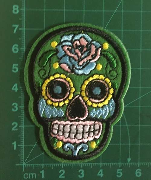 BDG Sugar Skull day of dead patch green with blue rose 7.5cm x 5.5cm *