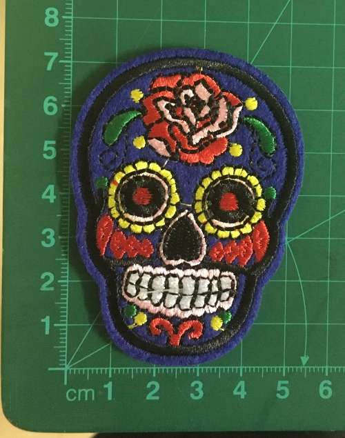 BDG Sugar Skull day of dead patch blue navy with red rose 7.5cm x 5.5cm