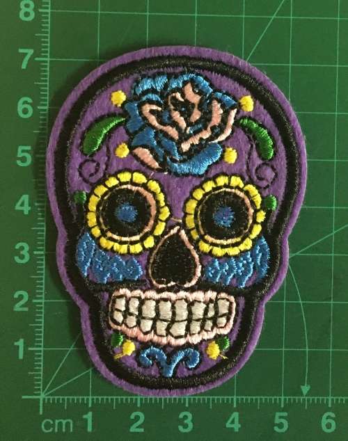 BDG Sugar Skull day of dead patch purple with blue rose 7.5cm x 5.5cm