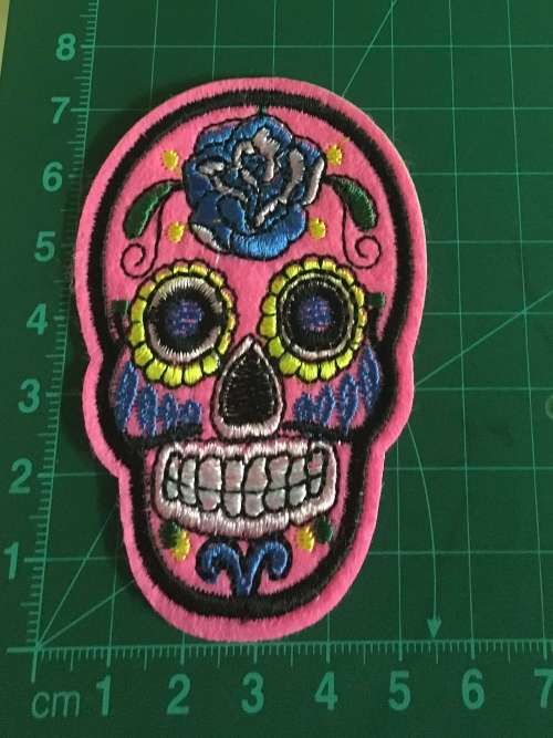 BDG Sugar Skull day of dead patch bright Pink with blue rose 7.5cm x 5.5cm
