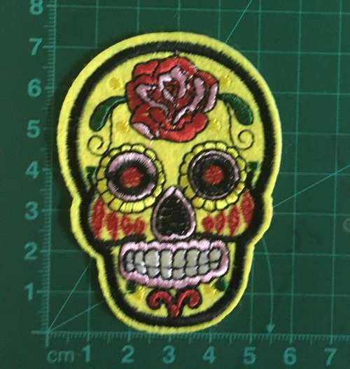 BDG Sugar Skull day of dead patch yellow with red rose 7.5cm x 5.5cm *