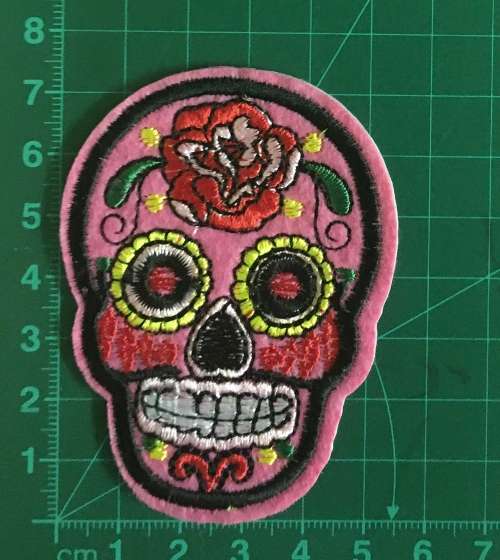 BDG Sugar Skull day of dead patch bright Pink with red rose 7.5cm x 5.5cm