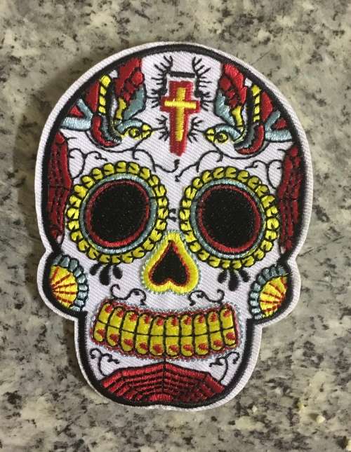 BDG Sugar Skull day of dead patch badge on white with cross 10cm x 8cm