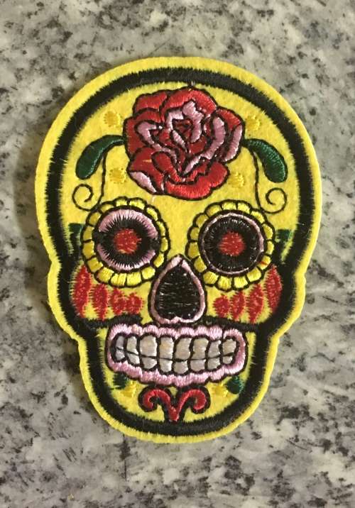 BDG Sugar Skull day of dead patch yellow with red rose 7.5cm x 5.5cm *