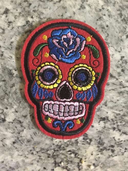 BDG Sugar Skull day of dead patch bright red with blue rose 7.5cm x 5.5cm