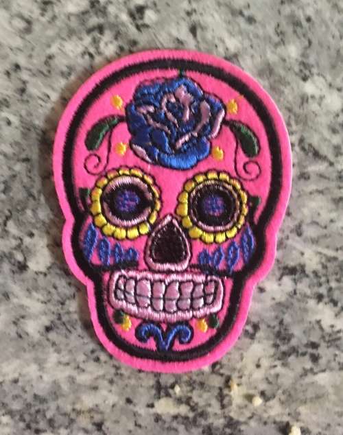 BDG Sugar Skull day of dead patch bright Pink with blue rose 7.5cm x 5.5cm