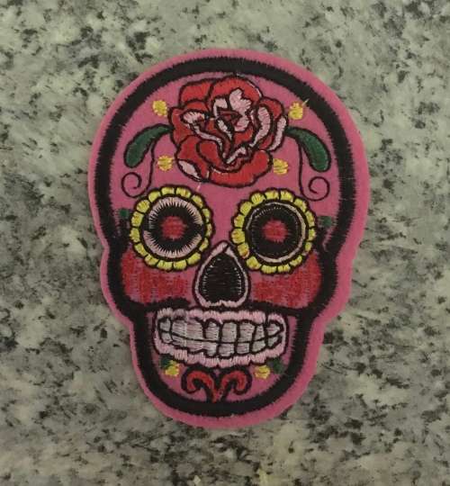BDG Sugar Skull day of dead patch bright Pink with red rose 7.5cm x 5.5cm