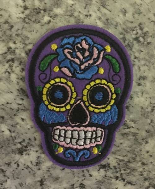 BDG Sugar Skull day of dead patch purple with blue rose 7.5cm x 5.5cm