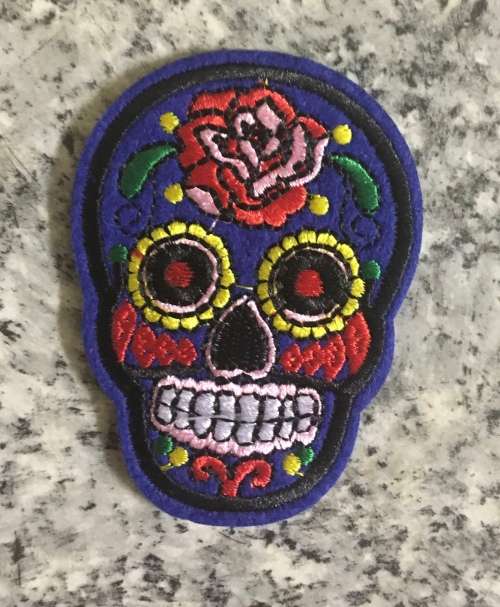BDG Sugar Skull day of dead patch blue navy with red rose 7.5cm x 5.5cm