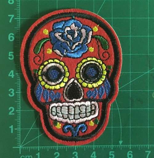 BDG Sugar Skull day of dead patch bright red with blue rose 7.5cm x 5.5cm