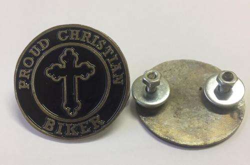 Proud Christian Biker metal badge pin sturdy screw backside