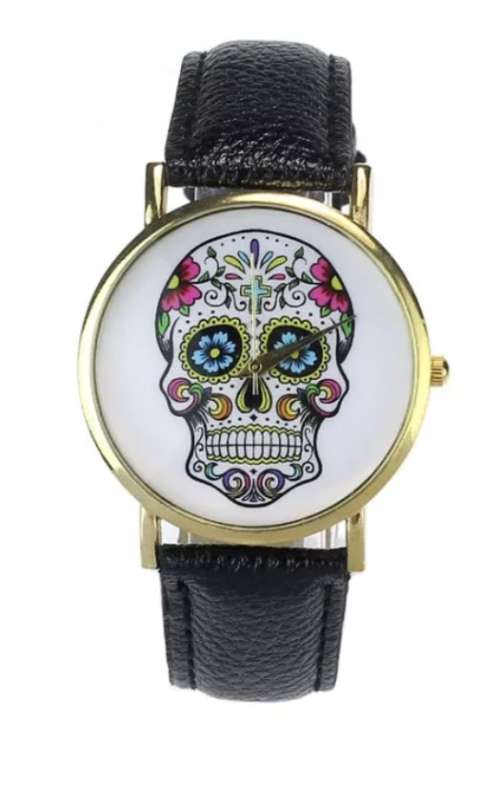 Sugar skull watch black PU leather strap gold tone finish