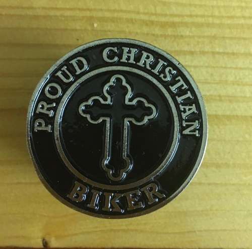 Proud Christian Biker metal badge pin sturdy screw backside