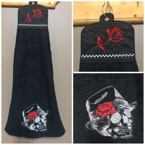 Embroidered hand towel / bar decoration towel with Skull and rose design