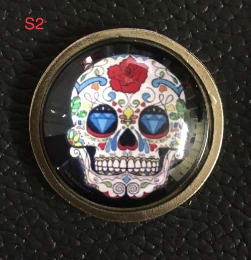 Quality Sugar Skull with flower dome pin on metal with screw