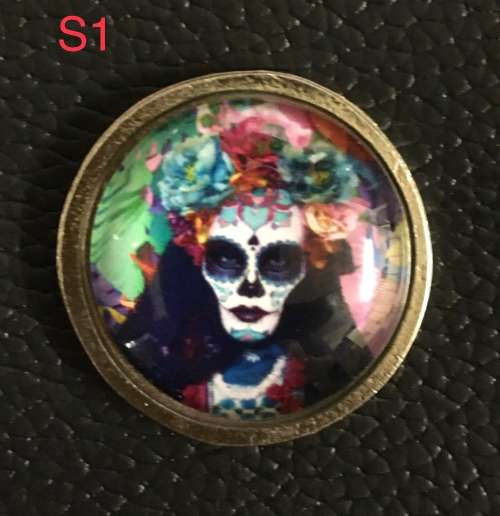Quality Sugar Skull with flower dome pin on metal with screw