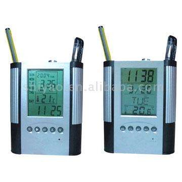 Digital clock with calendar, temperature and pen holder