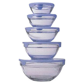 5 PIECE GLASS BOWL SET WITH SNAP ON COVERS