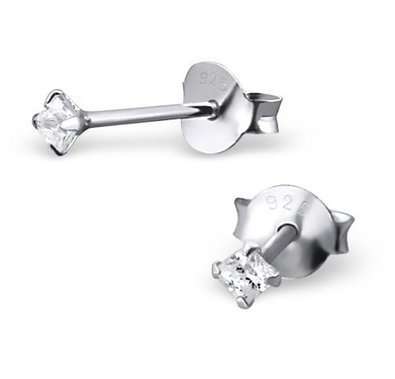 STERLING SILVER 925 SQUARE 3MM `BECKHAM` STUD EARRINGS WITH CUBIC ZIRCONIA