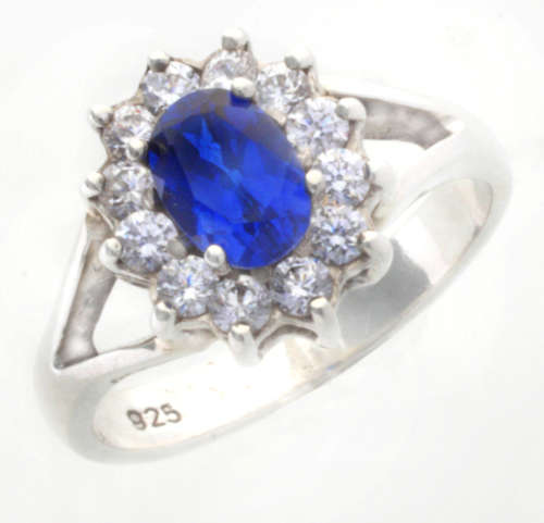 STERLING SILVER `LADY DI` RING WITH CREATED SAPPHIRE AND CUBIC ZIRCONIA**STOCK ON HAND**