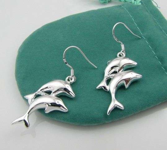 STERLING SILVER 925 FILLED LADIES DOUBLE DOLPHIN DROP EARRING  **STOCK ON HAND**