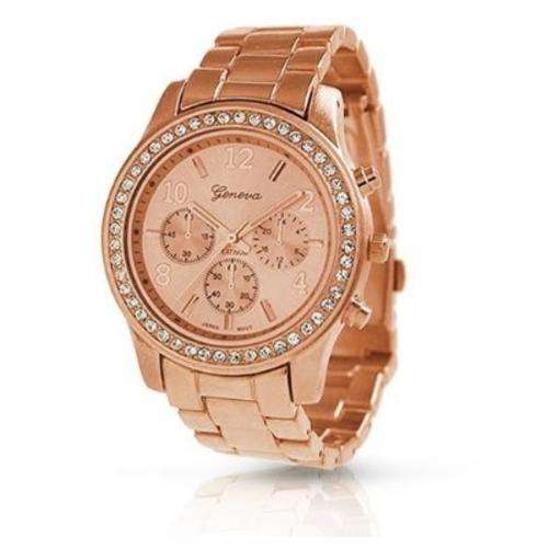Rose Gold Geneva Plated Classic Round CZ Ladies Boyfriend Watch (Pink) Bling Jewelry