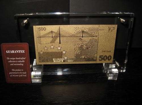 500 EURO GOLD NOTE, 24K GOLD NOTE 999.9 PURITY IN DISPLAY CASE