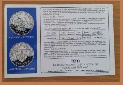 1987 - UC SILVER COMMEMORATIVE 100 ESCUDO COIN - THE GOLDEN ERA OF THE PORTUGUESE DISCOVERIES -
