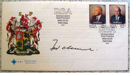 FW De  Klerk Original Signed Inauguration FDC