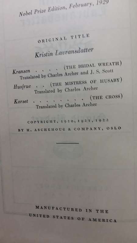 KRISTIN LABRANSDATTER by SIGRID UNDSET NOBEL PRIZE EDITION PUBLISHED 1929