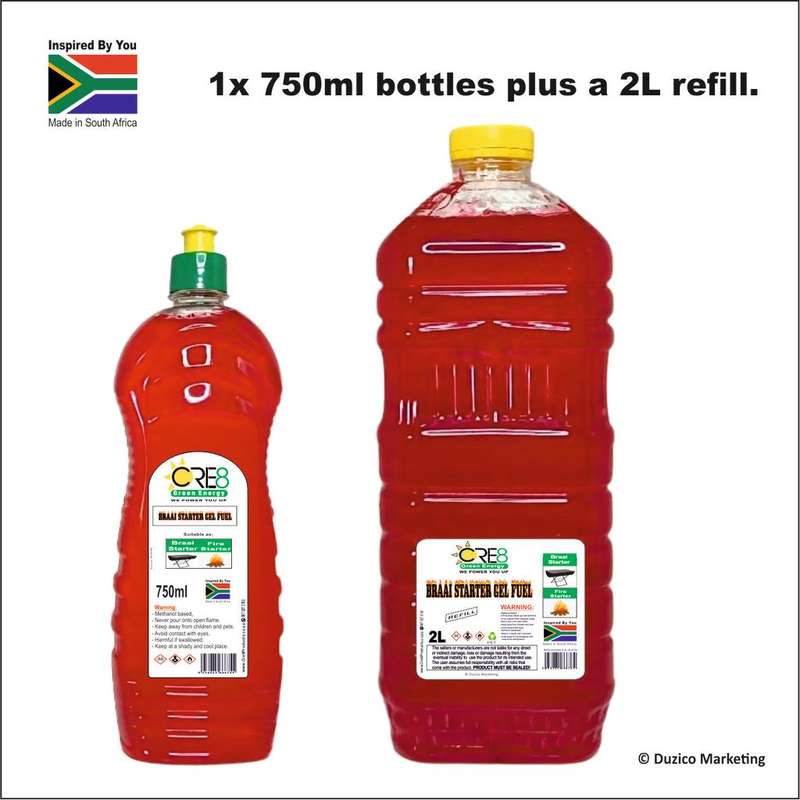 Braai & Fire Starter Gel Fuel Combo - 1x 750ml bottles plus a 2L refill.