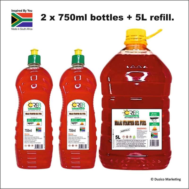 Big Braai & Fire Starter Gel Fuel Combo - 2 x 750ml bottles & 5L refill.