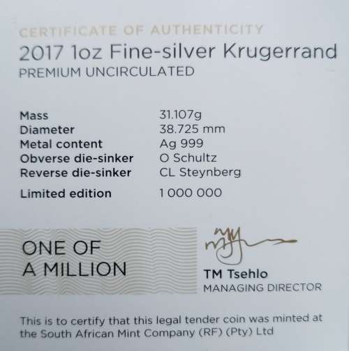 ** LOW START ** 2017 PREMIUM UNCIRCULATED 1OZ SILVER KRUGERRAND **