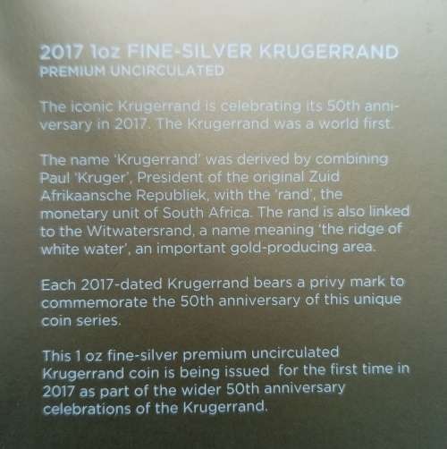 ** LOW START ** 2017 PREMIUM UNCIRCULATED 1OZ SILVER KRUGERRAND **