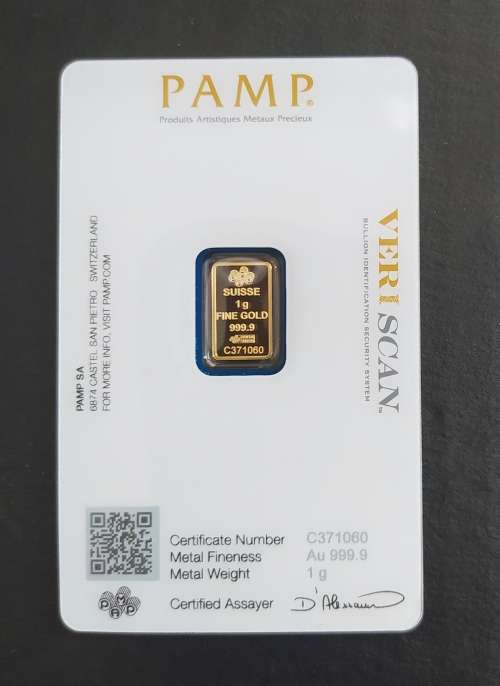 1 GRAM 24CT FINE GOLD BAR BY PAMP SUISSE - CERTIFIED and SIGNED BY ASSAYER