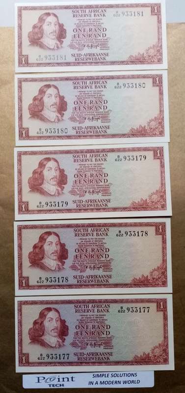 5 X TW DE JONGH R1 BANKNOTES WITH SERIAL NUMBERS IN SEQUENCE (UNC)